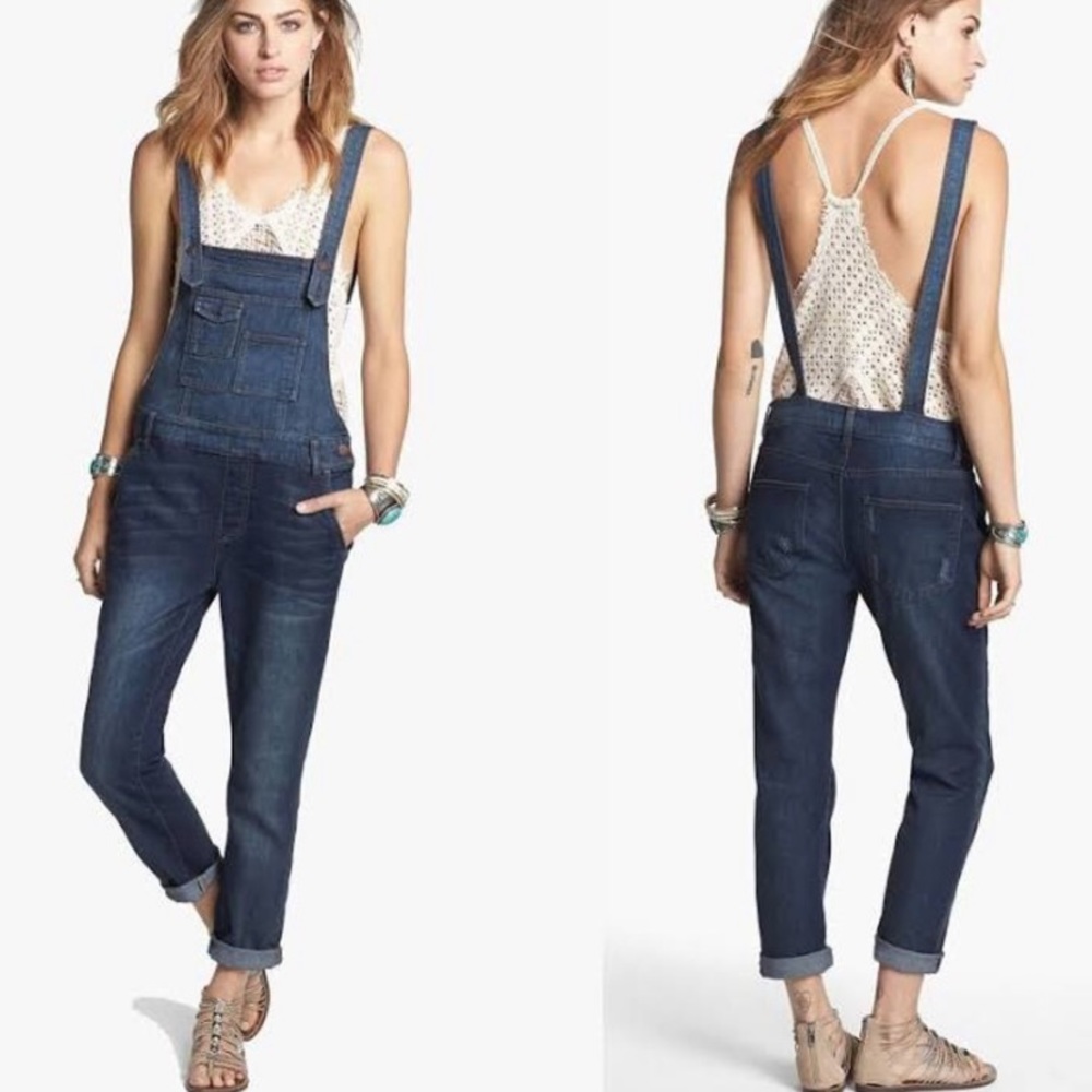 Free People Classic Skinny Distressed Denim Overalls Size 25